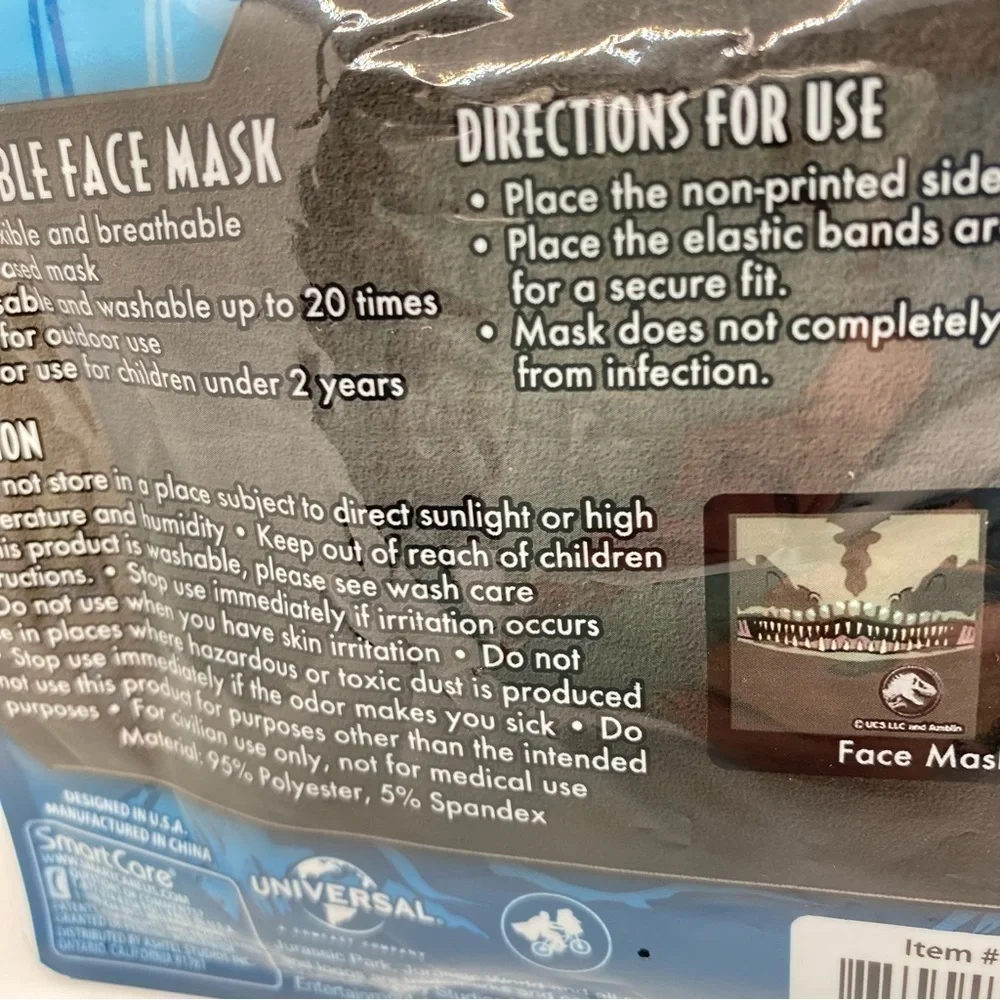 Jurassic World Kids Dinosaur Washable Cloth Face Mask Ages 2+ New In Package